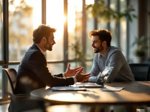 Professionele bedrijfsmentor in gesprek met geëngageerde medewerker aan moderne vergadertafel met laptop en groeigrafiek