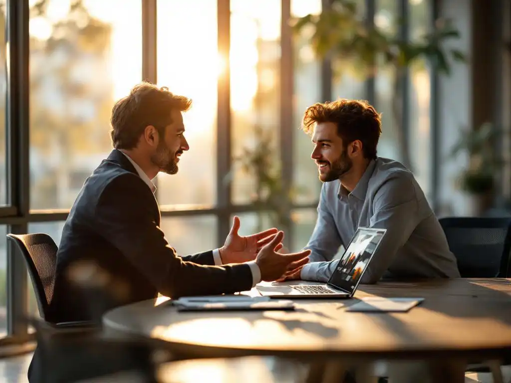Professionele bedrijfsmentor in gesprek met geëngageerde medewerker aan moderne vergadertafel met laptop en groeigrafiek