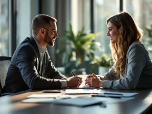 Professionele mentor en medewerker in gesprek aan moderne vergadertafel met laptop en notitieblokken in licht kantoor