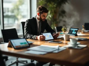 Zakelijke professional vergelijkt leerplatforms op tablets aan conferentietafel met trainingsmateriaal en koffie
