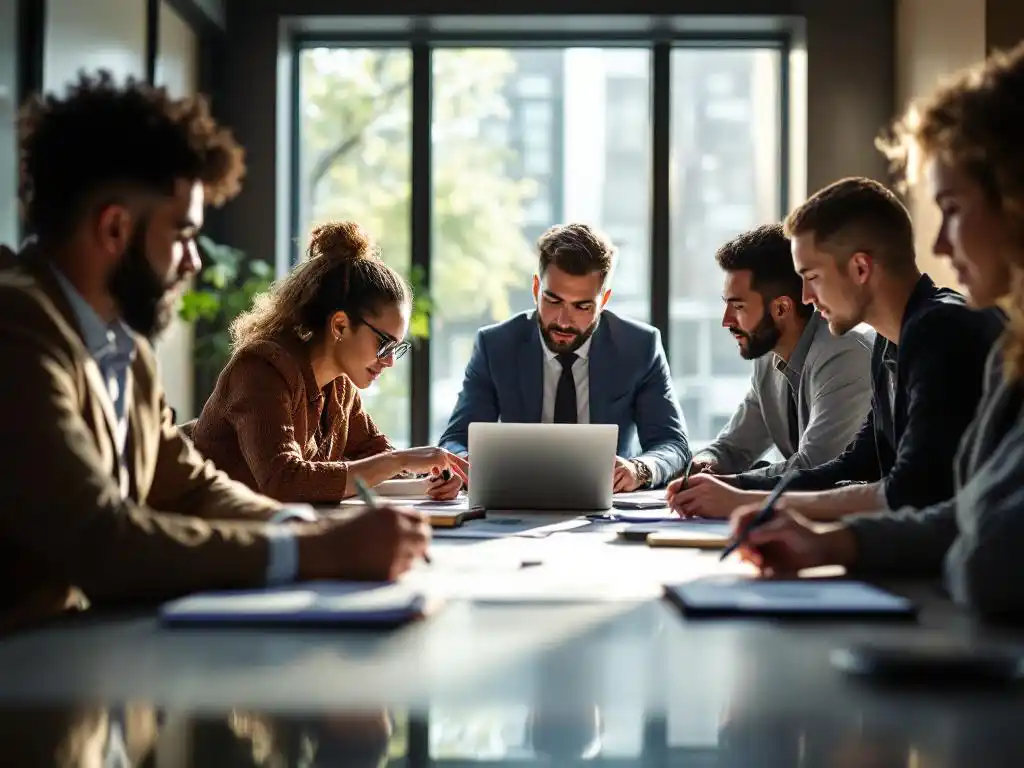 Diverse groep zakelijke professionals in vergadering rond conferentietafel, werkend met laptops, notities en tablets