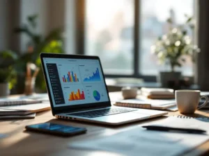 Laptop met kleurrijke datavisualisatie grafieken op bureau met smartphone, trainingsmaterialen en koffiekop