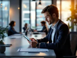 Zakelijke professional gebruikt tablet voor interactieve training in moderne kantooromgeving met collega's op achtergrond