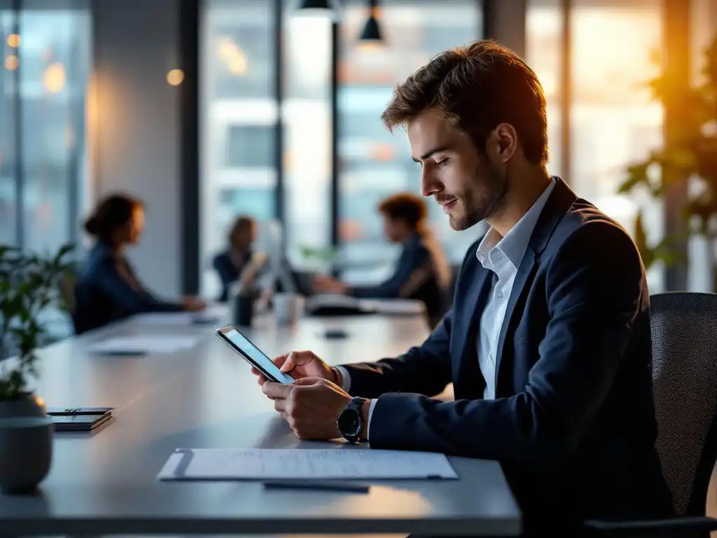 Zakelijke professional gebruikt tablet voor interactieve training in moderne kantooromgeving met collega's op achtergrond