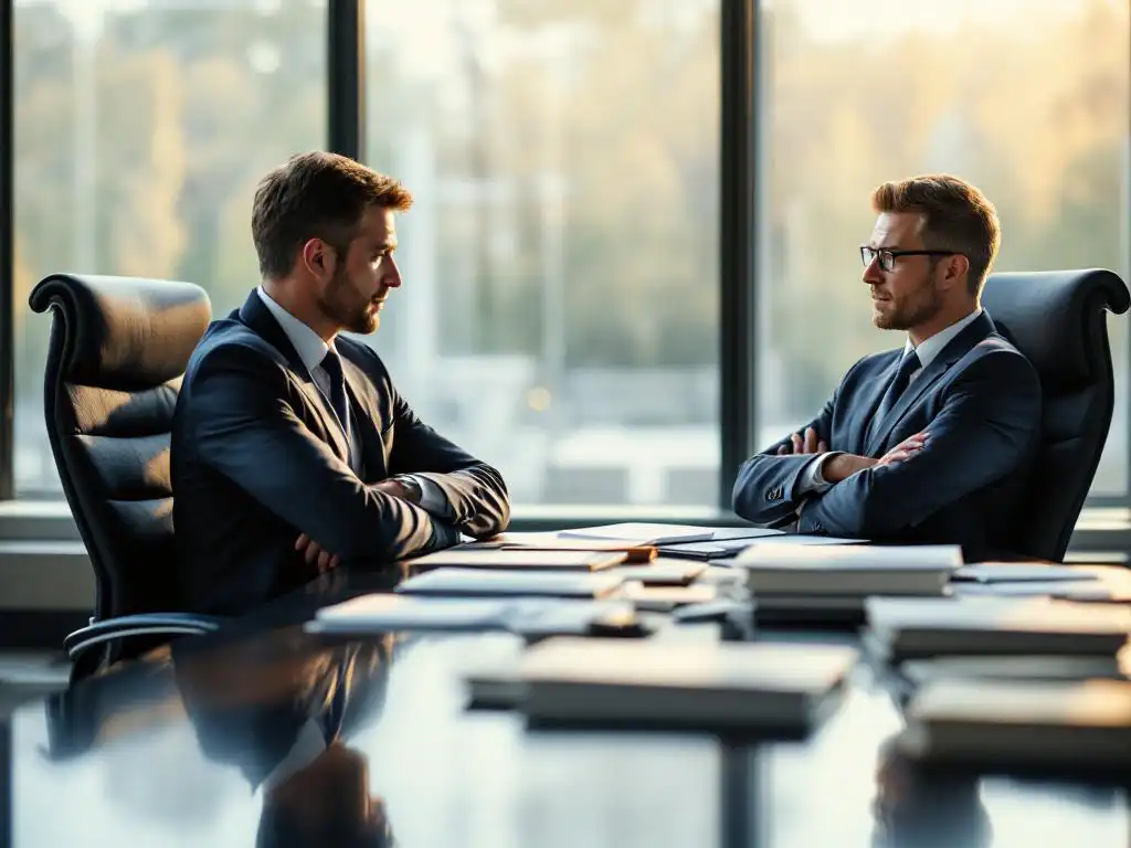 Manager en defensieve werknemer tijdens zakelijke bespreking met ontwikkelingsmaterialen op vergadertafel in kantoor