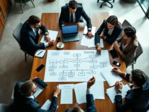 Zakelijke professionals bespreken organisatieschema rond houten vergadertafel met laptops en trainingsmateriaal