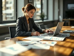 Professionele vrouw in kantoorkleding bestudeert prestatierapporten en grafieken aan moderne vergadertafel met laptop