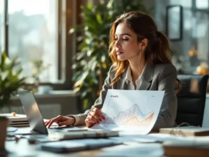 Professionele vrouw in pak bekijkt groeigrafiek met stijgende trends aan modern bureau met laptop en notitieblokken