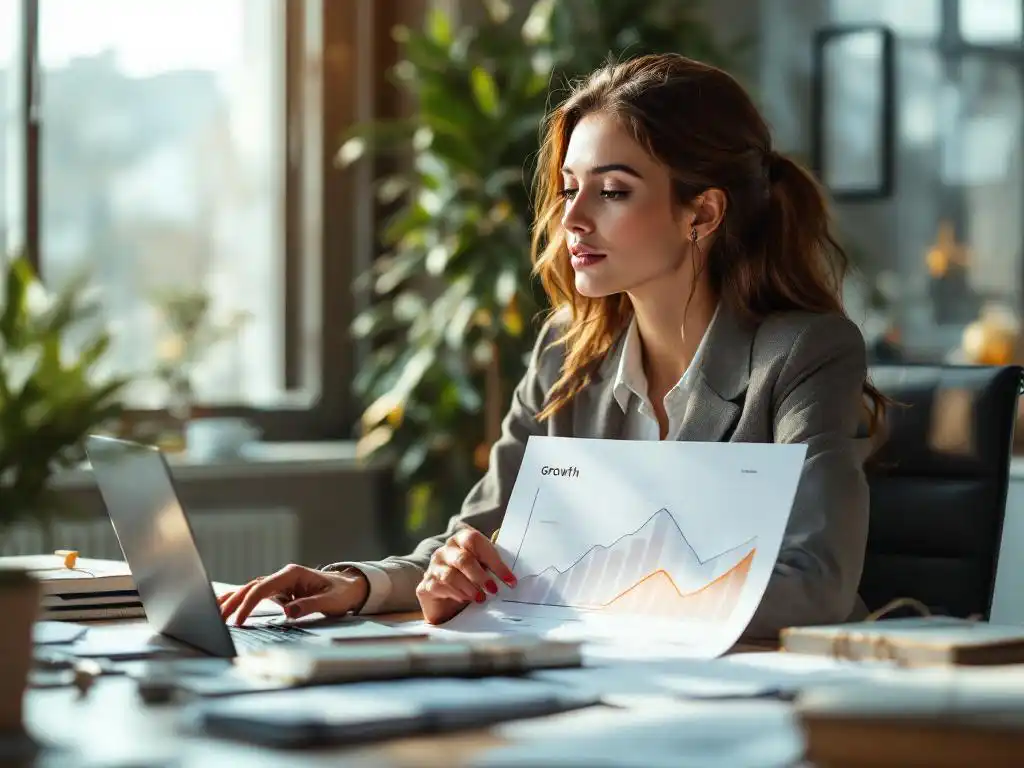 Professionele vrouw in pak bekijkt groeigrafiek met stijgende trends aan modern bureau met laptop en notitieblokken