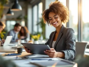 Professionele vrouw met tablet toont trainingsmodules aan conferentietafel in modern kantoor met collega's op achtergrond