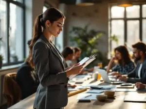 Professionele vrouw met klembord observeert divers team dat samenwerkt aan moderne vergadertafel met meetinstrumenten