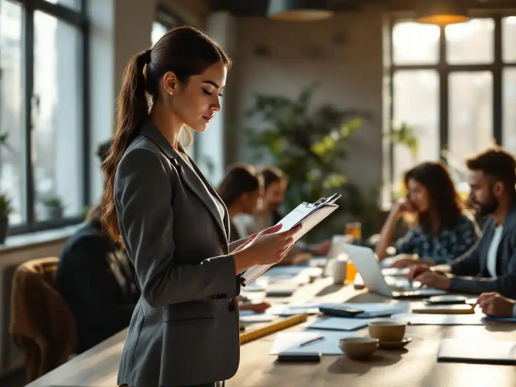 Professionele vrouw met klembord observeert divers team dat samenwerkt aan moderne vergadertafel met meetinstrumenten