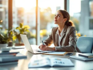 Professionele vrouw in pak schrijft notities aan conferentietafel met laptop, boeken en natuurlijk licht op kantoor