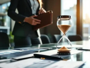 Professionele vrouw controleert tijd bij kantoor vergadertafel met zandloper en ontwikkelingsgrafieken