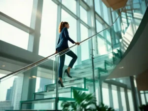 Professionele zakenvrouw in marineblauw pak klimt glazen trap met laptops en documenten in modern kantoor