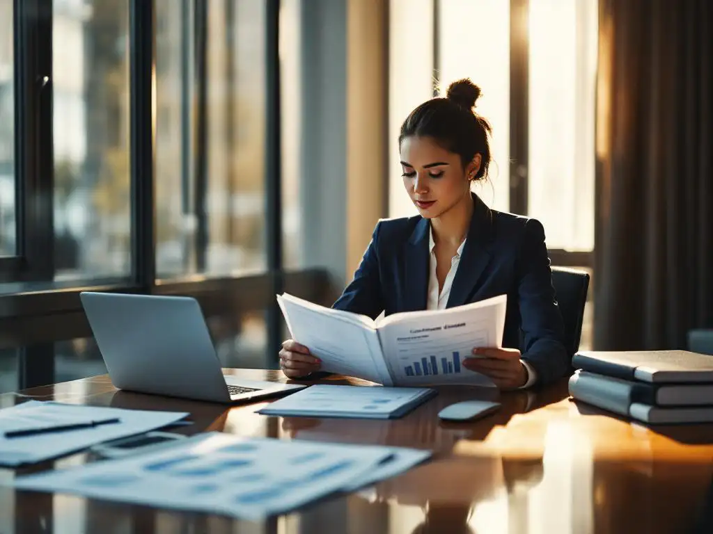 Professionele zakenvrouw in marineblauw pak bestudeert compliance handboek aan conferentietafel met laptop en documenten