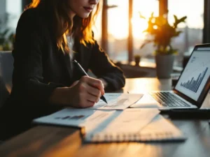 Professionele vrouw in zakelijke kleding werkt aan financiële rapporten en creatieve schetsen aan modern houten bureau