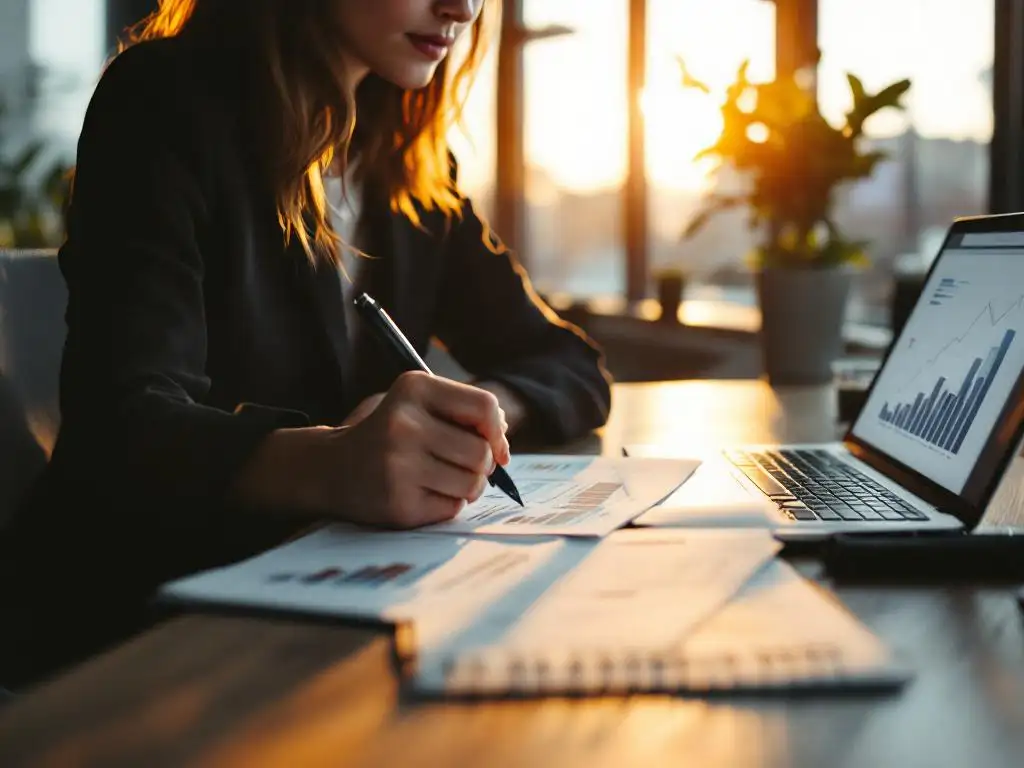 Professionele vrouw in zakelijke kleding werkt aan financiële rapporten en creatieve schetsen aan modern houten bureau