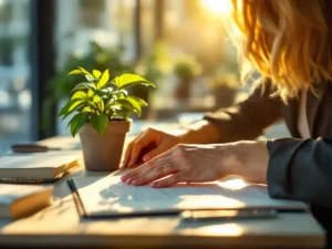Professionele vrouw in kantoorkleding verzorgt kleine plant op modern bureau met boeken en warm zonlicht