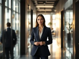Zakenvrouw in marineblauw pak staat op kruispunt tussen directiekantoor en collaboratieve werkruimte, overweegt carrièrekeuze