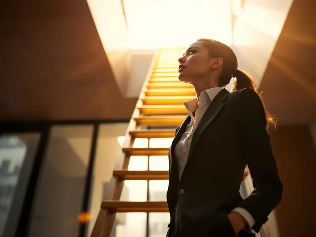Professionele vrouw in pak reikt naar gouden ladder in zonlicht, vastberaden uitdrukking in modern kantoor