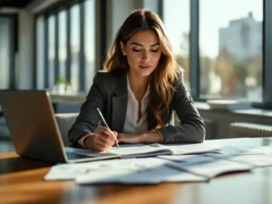 Professionele zakenvrouw werkt met laptop en trainingsmateriaal aan moderne vergadertafel in kantoor