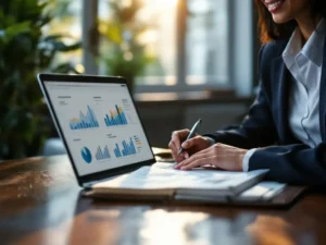 Zakenvrouw in marineblauw jasje analyseert prestatiecharts op laptop met notitieblok op houten bureau bij raam