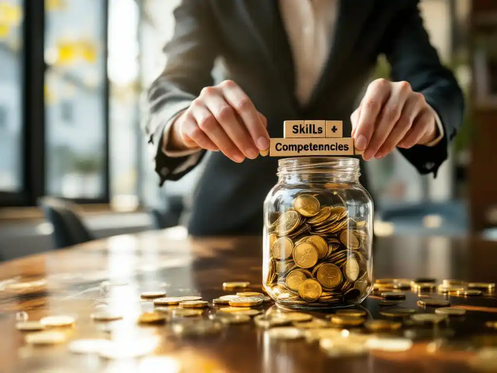 Zakenvrouw plaatst houten blokken met vaardigheden in glazen pot, gouden munten vallen op vergadertafel