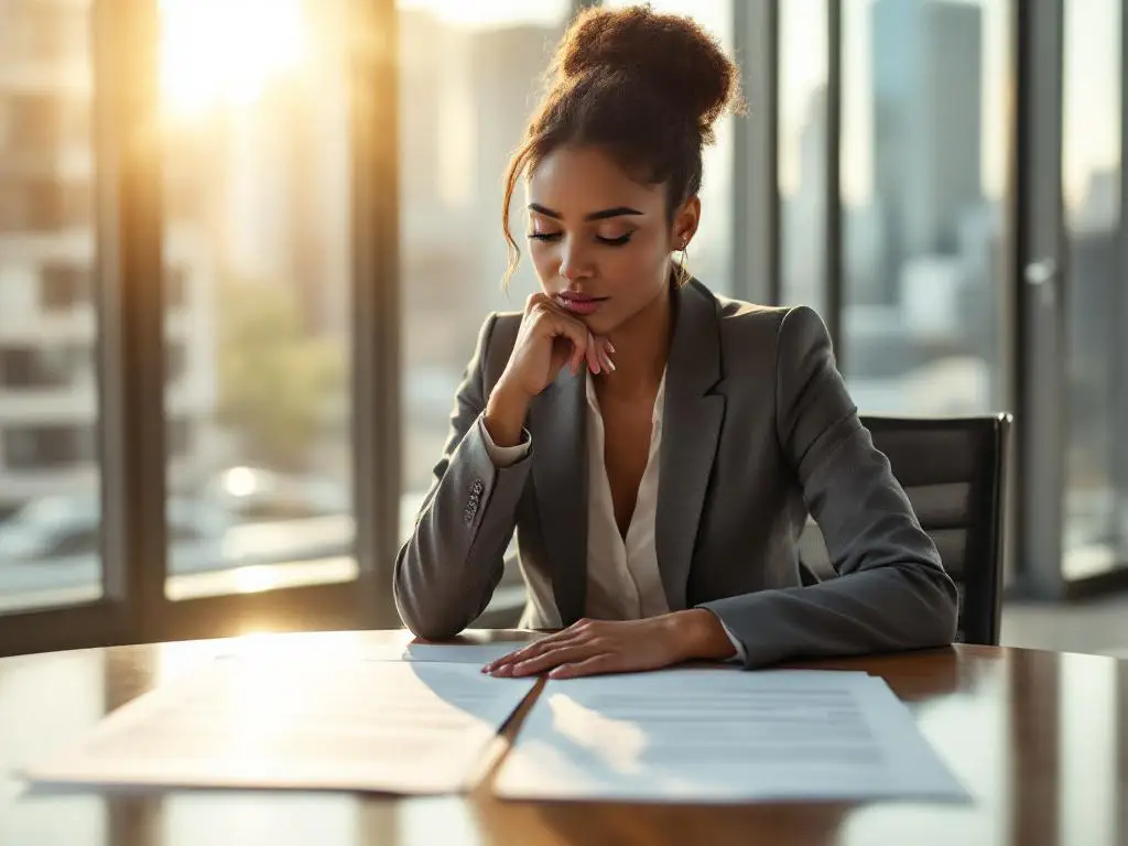 Zakenvrouw in pak bestudeert documenten aan conferentietafel in modern kantoor met stadsgezicht