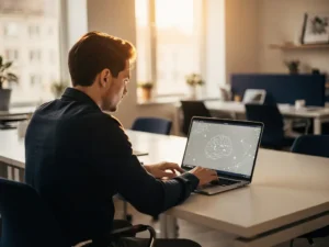 Professional studeert AI-cursus op laptop aan modern bureau, neurale netwerkdiagrammen op scherm, natuurlijk licht in open kantooromgeving.