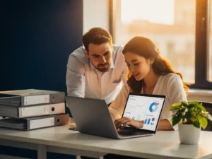 Leerspecialist begeleidt collega bij AI-trainingsplatform op laptop, omringd door cursusmateriaal in modern kantoor met warm goudlicht.