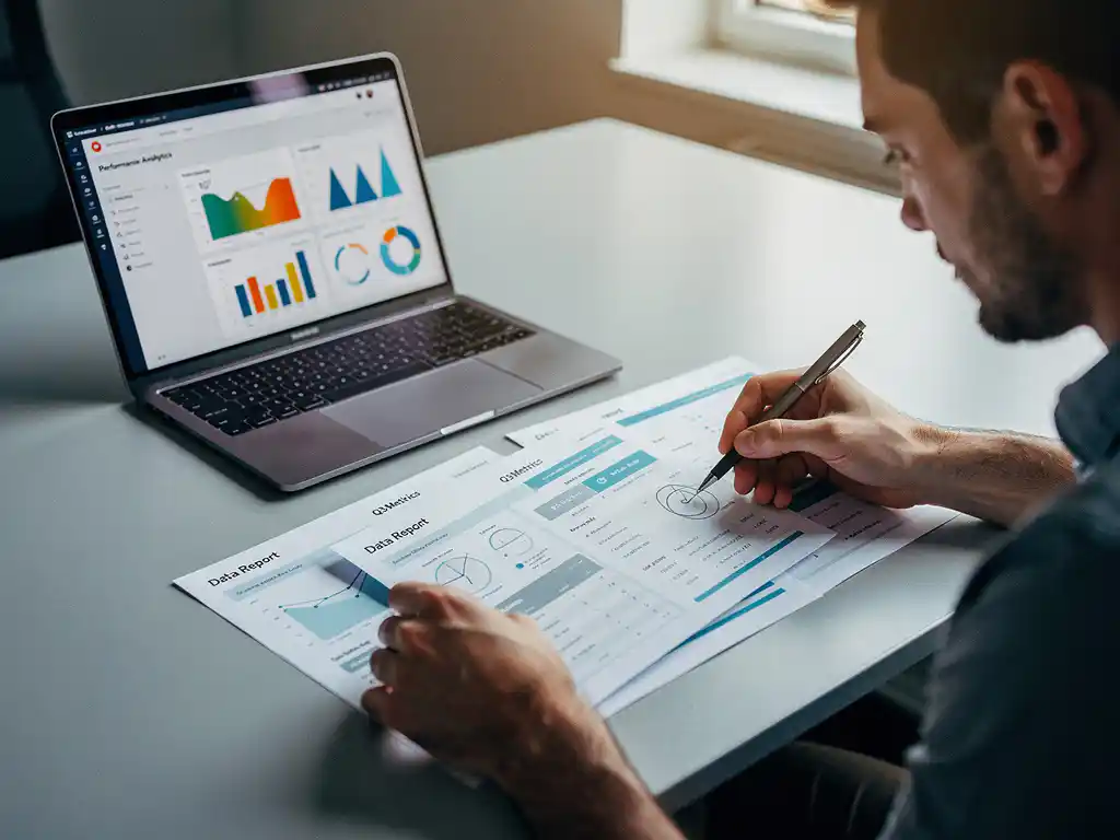 Professional analyseert uitgeprinte datadashboard aan modern bureau, aantekeningen makend met pen, laptop met grafieken op achtergrond.