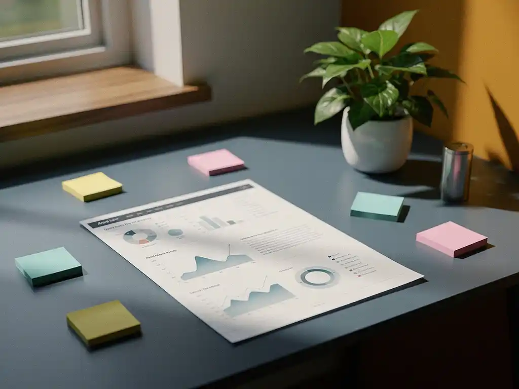 Analytics dashboard uitdraai op modern bureau met gekleurde sticky notes en groene plant, verlicht door zacht natuurlijk raamlicht.