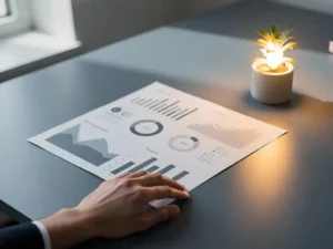 Professionele hand die een analytics dashboard op papier bekijkt, omringd door datagrafieken op een zakelijk bureau, zachte natuurlijke belichting.