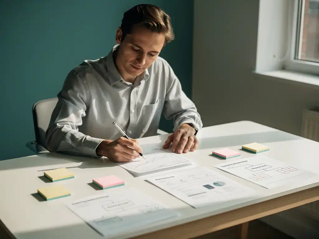 Professional die een analytics dashboard op papier annoteert, omringd door gekleurde sticky notes, aan een modern bureau in natuurlijk licht.
