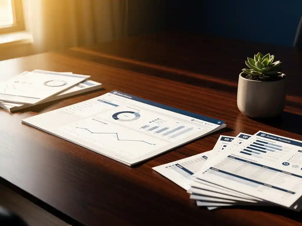 Analytics dashboard printout op vergadertafel met medewerkerprestatierapporten, succulent en warm zijdelings licht.