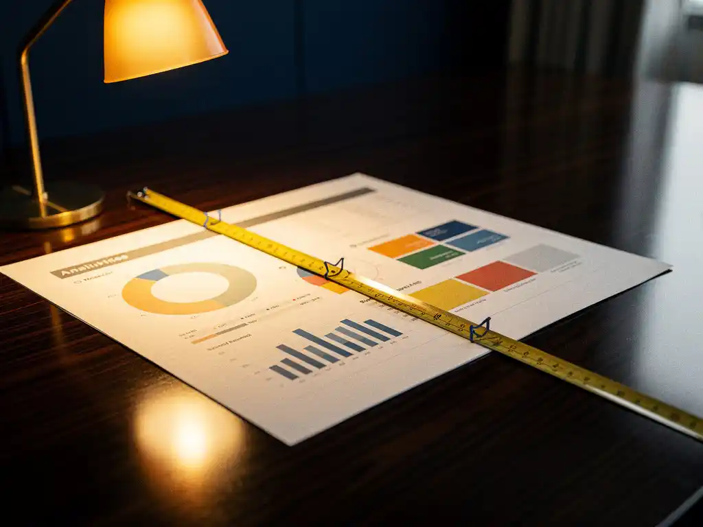 Analyticsdashboard op een vergadertafel met een meetlint ernaast, verlicht door een amberkleurige bureaulamp in een moderne kantooromgeving.