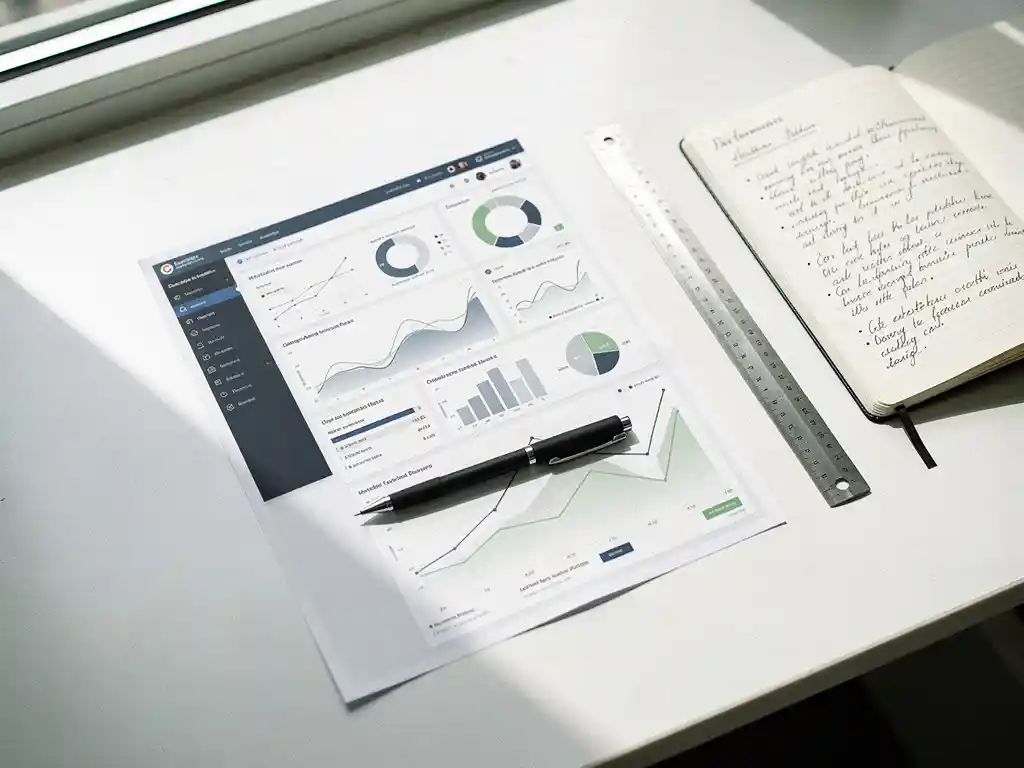 Analytisch dashboard printout op wit bureau naast notitieboek met handgeschreven prestatienotities, liniaal en pen.