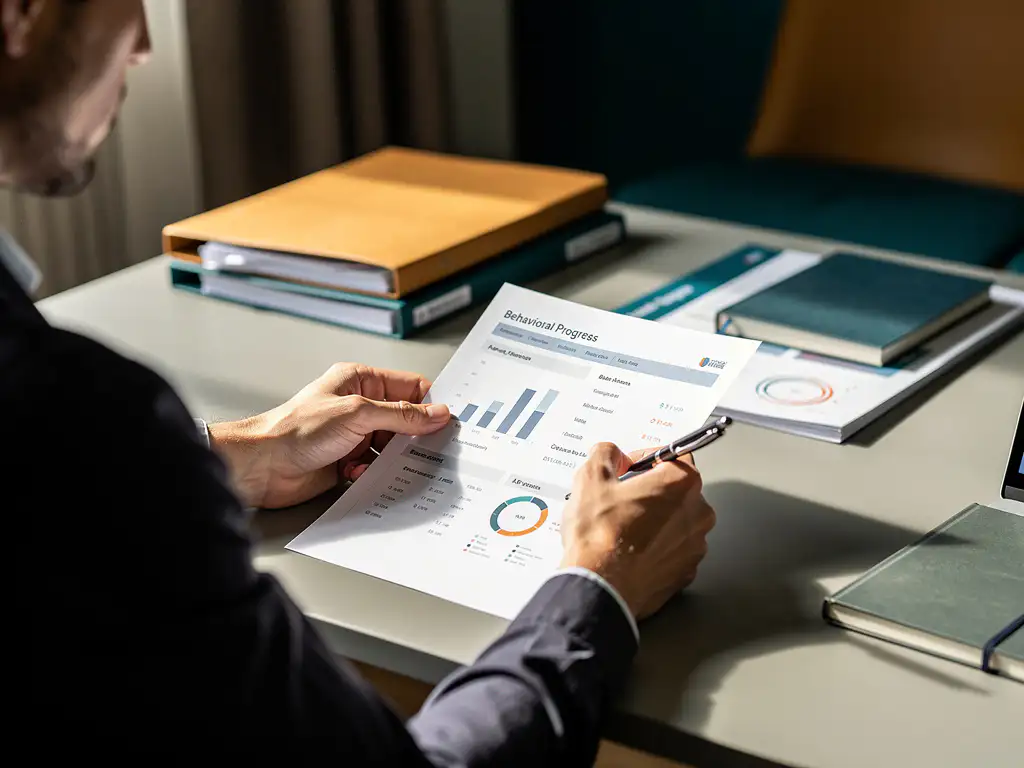 Professional die aantekeningen maakt bij een analytics-dashboard op kantoor, met trainingsmaterialen op bureau in warm natuurlijk licht.