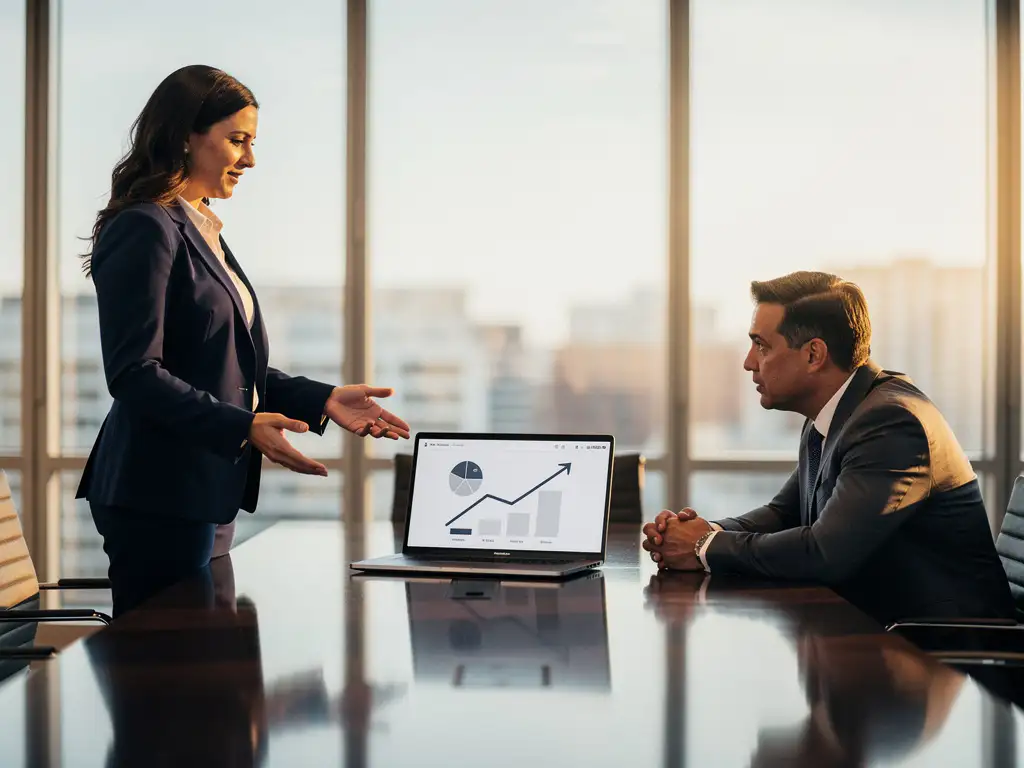 Professional presenteert analytics-dashboard op laptop aan executive in vergaderzaal, groeigrafiek zichtbaar op scherm.