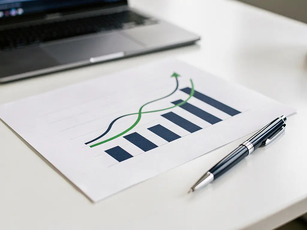 Afgedrukt analytics dashboard op wit bureau met pen, prestatiegrafieken met stijgende lijnen en laptop op de achtergrond.