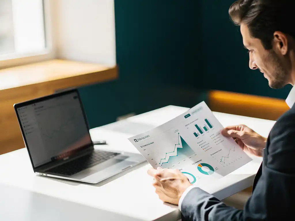 Professional analyseert uitgeprinte analytics-dashboard met groeicijfers en KPI's aan modern bureau, laptop open naast hem.