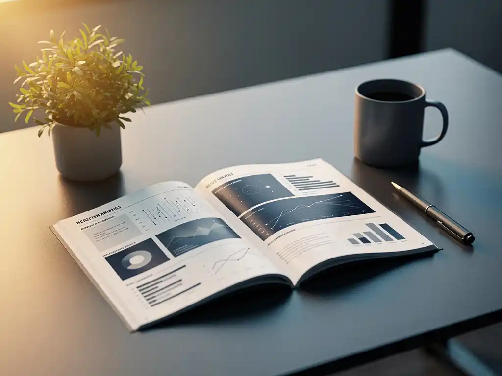 Gedrukt analytics-rapport opengeslagen op een modern bureau, met een groene plant, koffiekop en pen in zacht ochtendlicht.