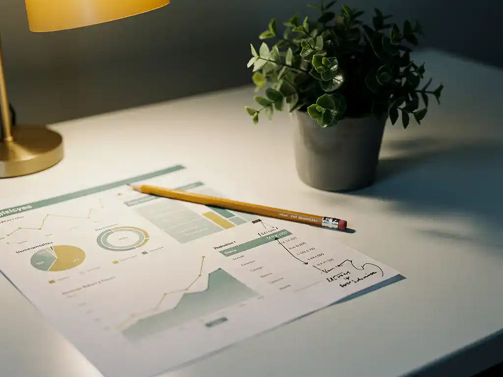 Analytics dashboard printout op wit bureau met groene plant, potlood met handgeschreven notities en warm amber bureaulamp.