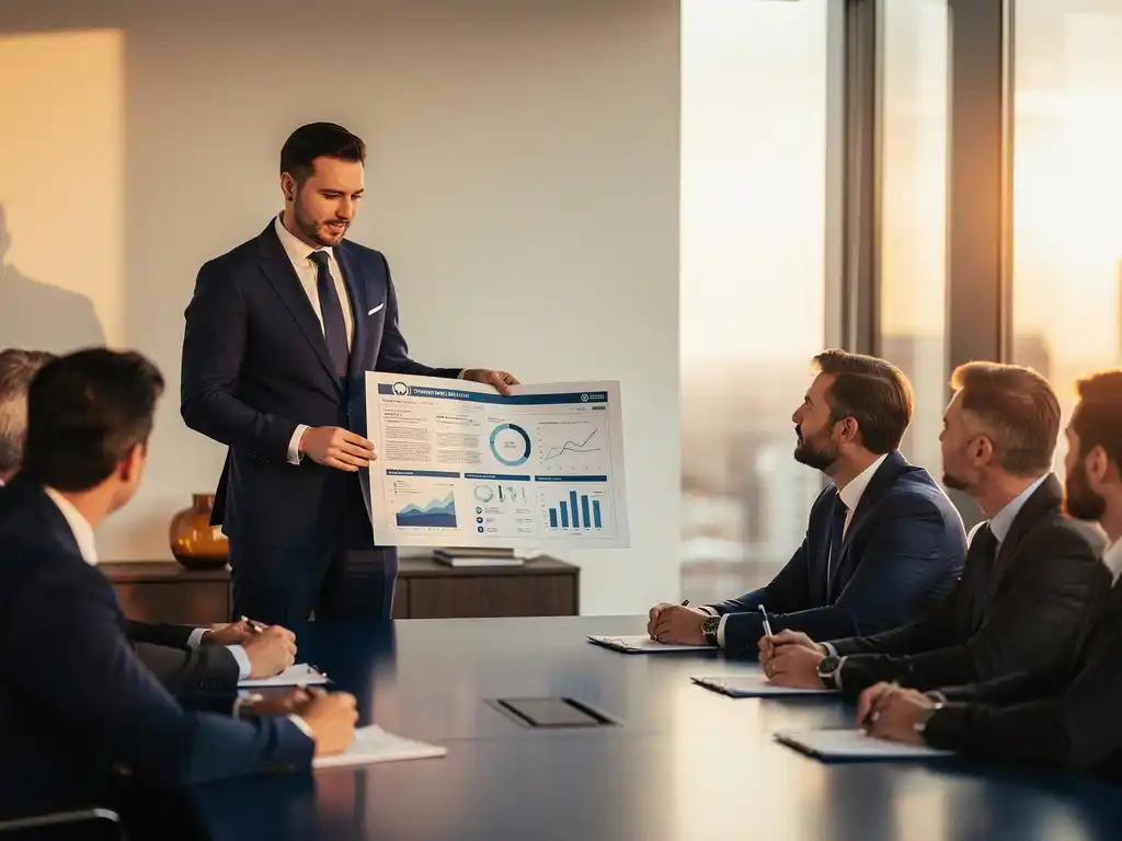 Professional presenteert analytics rapport aan executives in moderne vergaderruimte met vloer-tot-plafond ramen en gouden middaglicht.