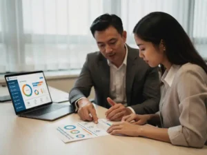 Manager en medewerker bespreken AI-beleidsdocument aan modern bureau met laptop waarop een leerplatform zichtbaar is.
