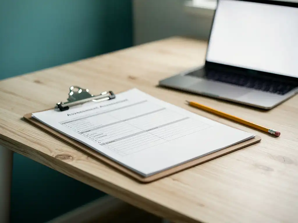 Klembord met beoordelingsformulier op houten bureau, potlood ernaast en laptop op de achtergrond, professionele leeromgeving.