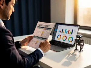 Medewerker bestudeert AI-beoordelingsrapport aan modern bureau met laptop met voortgangsgrafieken en robotfiguur, warm gouden licht.