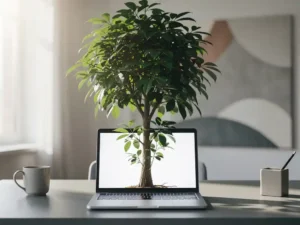 Weelderige boom groeit uit een gloeiend laptoptoetsenbord op een modern bureau, symbool voor digitale groei en online succes.