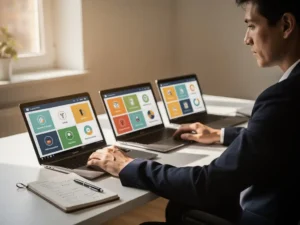 Professional vergelijkt meerdere laptops met e-learning interfaces op modern bureau, notitieboek met aantekeningen ernaast, warm natuurlijk licht.